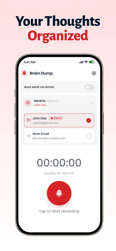 Brain Dump record screen with recipient selection — Brain Dump AI Voice Messaging Platform