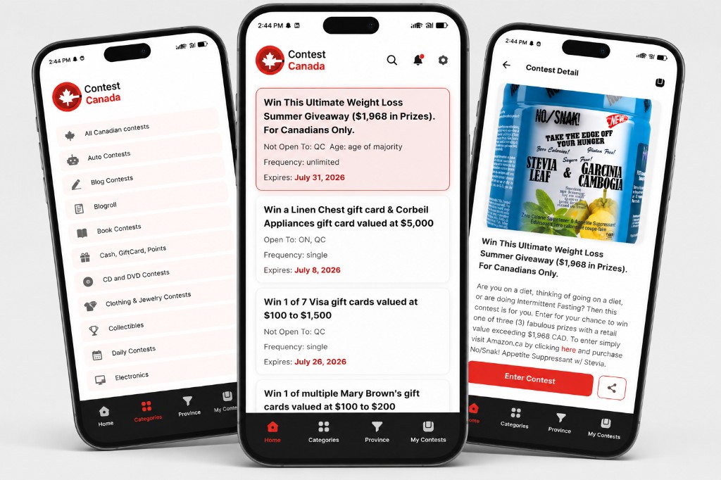 Contest Canada app showcasing categories, contest feed, and contest detail across three iPhone screens — Contest Canada Mobile Platform