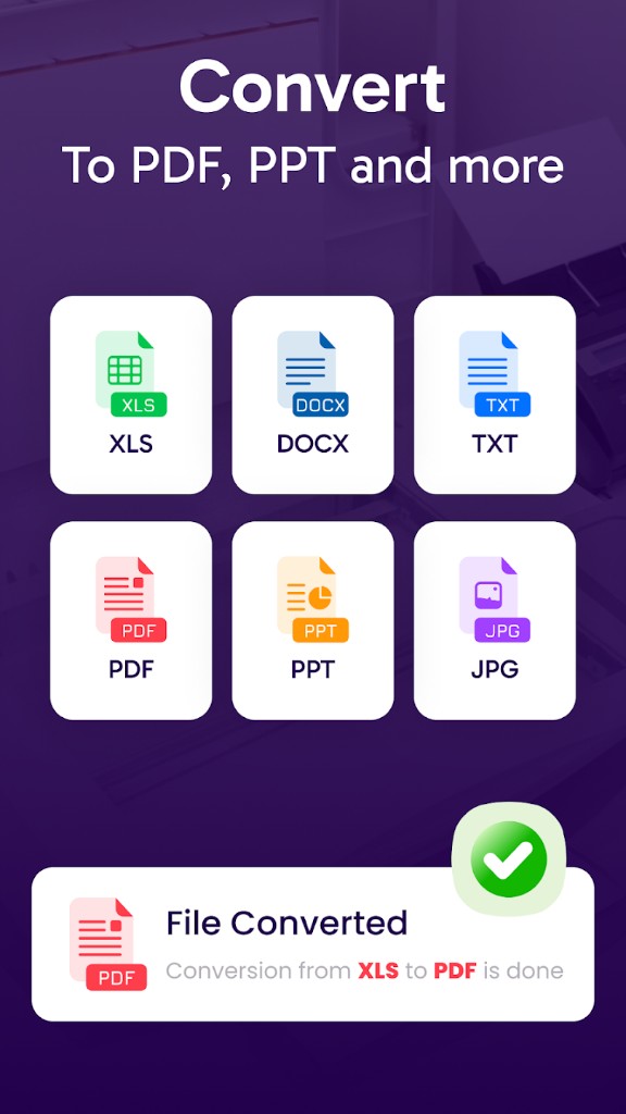 File conversion between PDF, DOCX, XLS, PPT, JPG, and TXT formats — Document Scanner & PDF Suite
