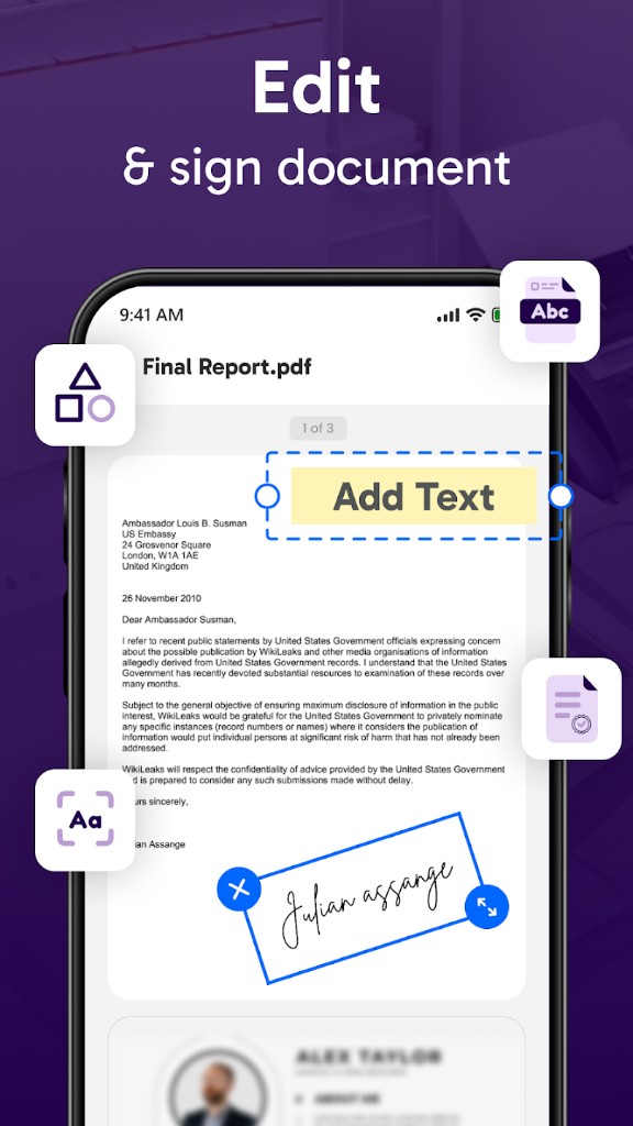 PDF editing and digital signature interface — Document Scanner & PDF Suite