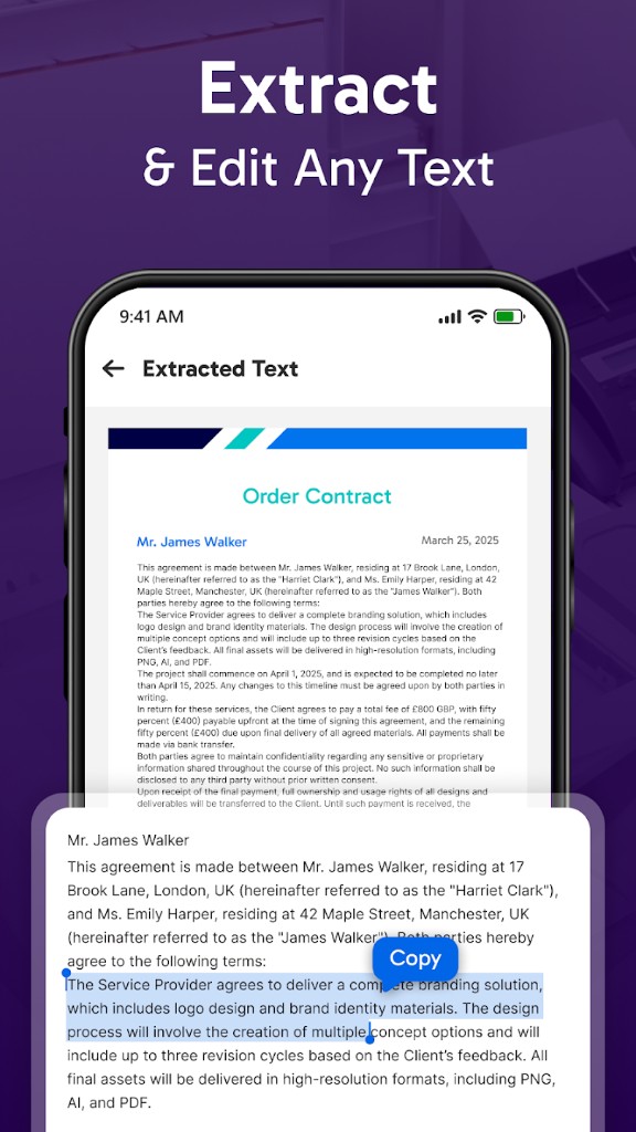 OCR text extraction with selectable and copyable content — Document Scanner & PDF Suite