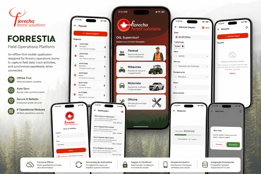 Forrestia field operations platform showcasing dashboard, record entry, login, notifications, and sync across multiple mobile screens