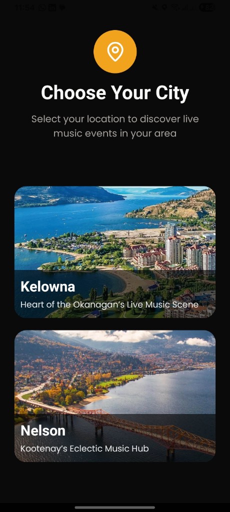Live Music Local city picker for Kelowna and Nelson