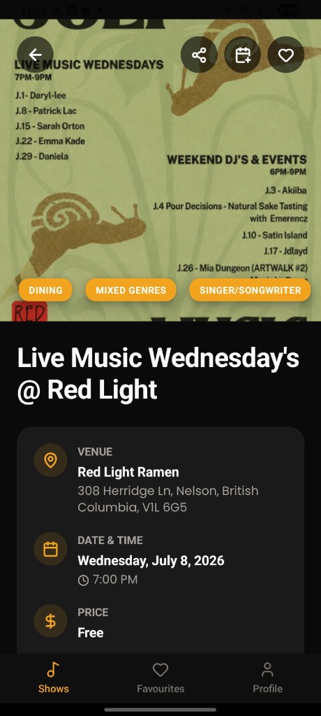 Live Music Local detailed event page with venue and schedule