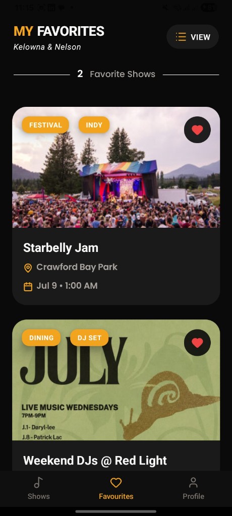 Live Music Local favorites list with saved events