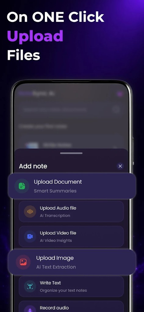Multi-format upload menu for documents, audio, video, and images — AI Note Taking Assistant